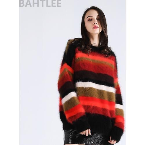 BAHTLEE Autumn Winter Womens Angora Rabbit Pullovers Knitting Sweater O-NECK Keep Warm Loosefir Rainbow