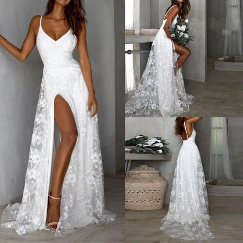 Sexy Lace Wedding Dresses 2021 Summer High Split Backless Spaghetti Straps Boho White Ivory Beach Bridal Gowns Vestidos De Noiva