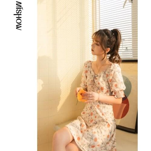 MISHOW Summer Women Dresses Fashion V Neck Floral Dress Elegant High Waist Slim Aline Chiffon Dress Female Vestidos MXA21L0028