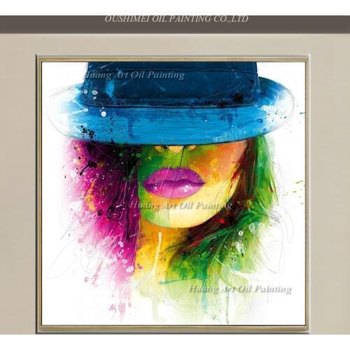 Hand Painted Modern Abstract Portrait Oil Painting Colorful Pink Lips Painting On Canvas For Wall Decor Cool Women With Blue Hat