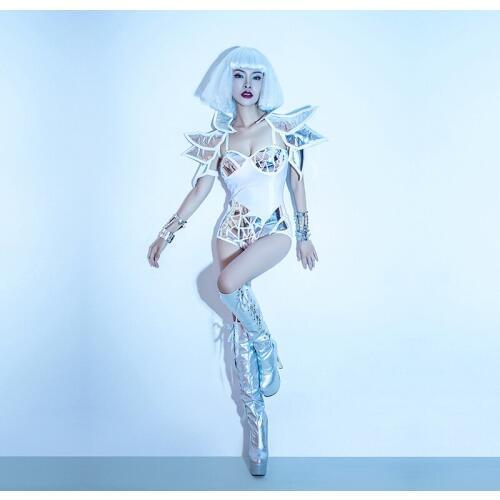 Y95 Party ballroom dance stage costume women sexy silver mirror bodysuit pole dance dress dj jumpsuit bar wear outfit singer ds
