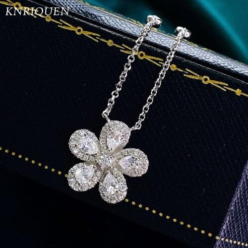 Womens 925 Sterling Silver Chain Necklace Romantic High Carbon Diamond Flower Pendant Wedding Fine Jewelry Anniversary Gift