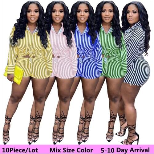 S-2xl Mix Size Color Bulk Items Wholesale Lots Two Piece Set Women 2021 Crop Top and Shorts Striped Long Sleeve 5-10 Day Arrival