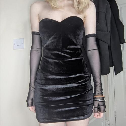 ALLNeon Mall Goth Strapless Velvet Black Dresses E-girl Aesthetics Off Shoulder Mesh Sleeve Mini Dress Party Outfits Backless