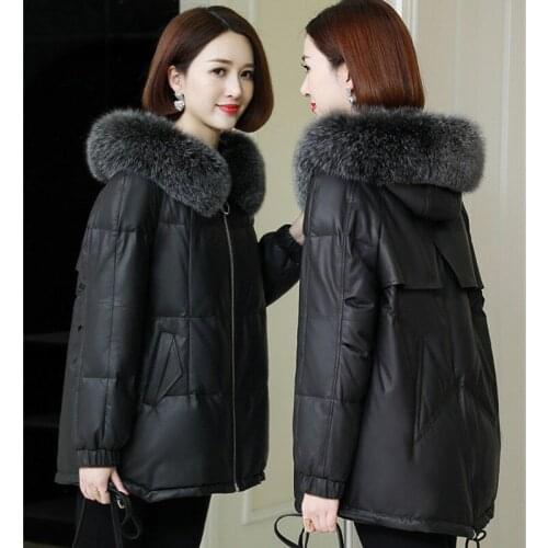 Women 2021 Winter New Imitation Fox Fur Collar Coats Female Warm Cotton-padded Jacket Ladies Long PU Leather Hooded Parkas U398