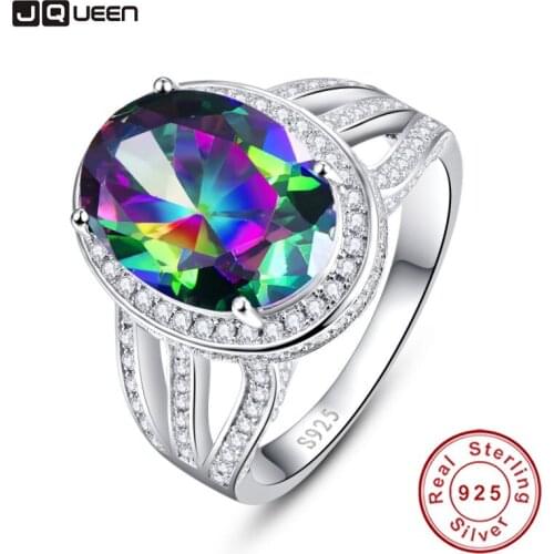 925 Sterling Silver Jewelry Fine Ring 10.2ct Oval Natural Stone Rainbow Fire Mystic Topaz Cocktail Ring For Women Pure AAA