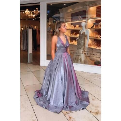 2021 Glitter V Neck Prom Dresses Sleeveless Open Back Formal Evening Party Ball Gowns Robe De Soiree