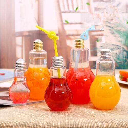 25pcs High quality PET cold drink juice milk tea cup 100ml small creative light bulb shape diy transparent plastic cup with lid