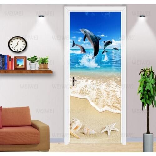 3D Photo Wallpaper Sandy Beach Shell Starfish Dolphin Poster Wall Mural DIY Self-adhesive Door Sticker Living Room Children Room