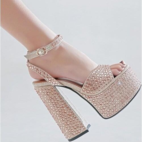 Choudory Champagne Silver Bling Bling Crystal Sandals Women Chunky Heel Platform Wedding Shoes Glittering Rhinestone Pumps