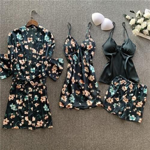 4 Piece/set Robe & Gown Sets Printed Night Dress Bathrobe Womens Nightgowns Satin Negligee Robes Nightwear Pijamas Sexy Silk