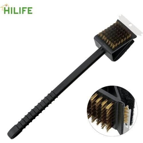 HILIFE Long Handle BBQ Cleaning Brush Barbecue Grill Oven Cleaning Copper Wire Sponge Shovel 3 in 1 Corner Copper Wire Brush