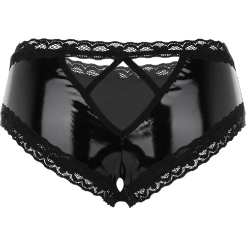 IEFiEL Womens Sexy Lingerie Panties Wetlook Leather PVC Latex Open Crotch Crotchless Mini Briefs Skinny Underwear Underpants