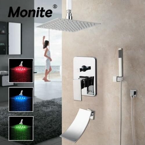 Monite Chrome Polish Bathroom Shower Set 8~16 Inch Rainfall LED Head Ceiling Mounted Mixer Chrome Brass Shower Faucet Set