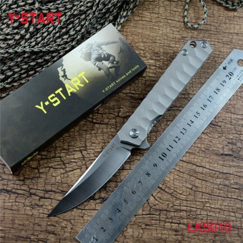 Y-START Flashor Flipper D2 Blade Ball Bearing Washer TC4 Titanium Handle Outdoor Camping Hunting pocket Folding Knife