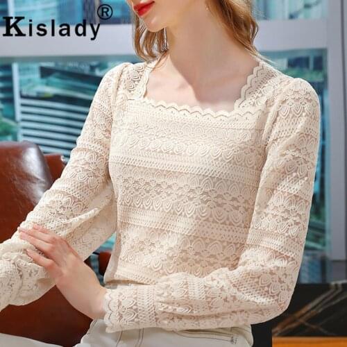 Kislady 2021 Spring Summer Fashion Sexy Lace Shirt Square Collar Puff Sleeve Hollow Out Shirt Korean Tops Solid Women Clothing
