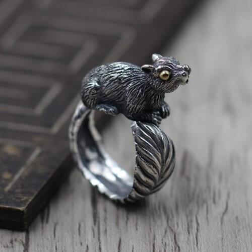 S925 Sterling Silver Fox retro carved ring opening personality do the old couple ring silver