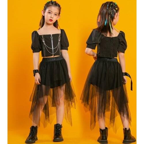 Girls Sets Zipper Short Sleeve T-shirt Skirt Children Streetwear Hip Hop Punk Gothic Tops Tees Skirts Kids Stage Dance Clothing