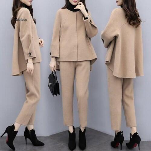 Womens Woolen Jacket Coat Set with Ankle Pants Autumn Winter Female Fashion Casual Clothing Laides Wool Coat Trouser