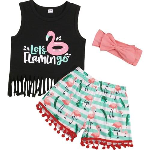 New Kid Tank + Shorts + Bow Headband, Flamingo Print Tassel Decoration Summer Clothing