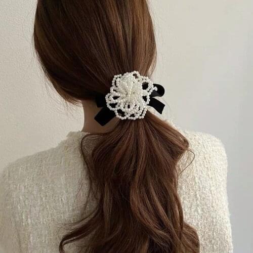 Fashion Pearl Flower Elastic Hair Bands Big Flower Rhinestones Imitation Pearls Flower Hair Rope Charms Rubber Hair Accessories