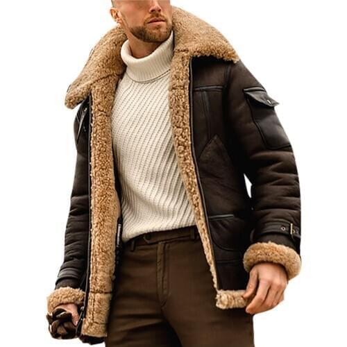 Men Mid-length Windbreaker Jacket With Lapel Solid Color Suede Coat Fashion padded long-sleeved lamb fur coat casual jacket