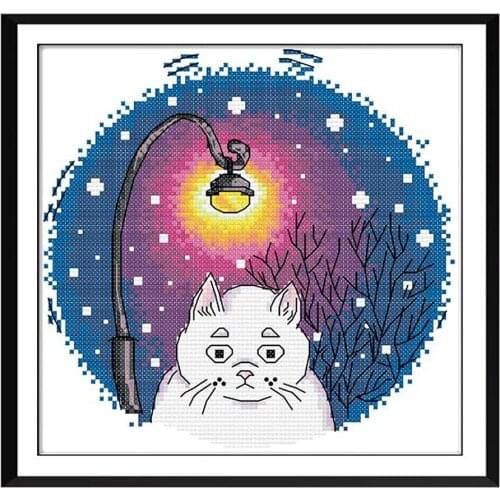 Cat under The Lamp Stamped Cross Stitch Kit Needlework DIY for Beginner