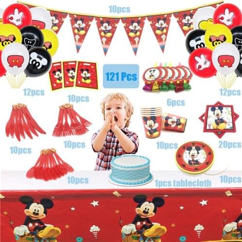 121Pcs Disney Red Mickey Mouse Theme Cup Plate Kid Birthday Party Decoration Party Event Supplies Favor Items For Kids 10 People