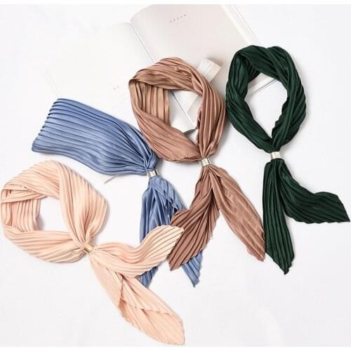 Solid Color Silk Neck Scarf Women Thick Small Bandana with a buckle Pleated Square Foulard Neck Wear [3992]