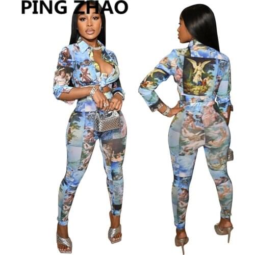 PING ZHAO Women Set Full Sleeve Print Tops and Pants Suit Two Piece Set Night Club Sporty Outfits 2021