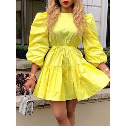 Women O Neck Dress High Waist A Line Three Quarter Sleeves Mini Summer Fashion Yellow Female Robes Plus Size African Classy 2021