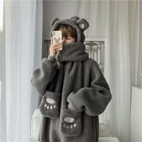 V-hanver little bear Pattern furry Hoodie 2020 Winter Warm Plush sweet Pullovers Woman Vintage korean Style loose Sweatshirt