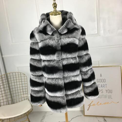 Real rex rabbit fur coat short medium jacket warm for winter with fur hood