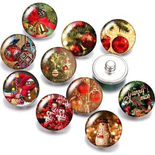 DB0583 Christmas Decorations 18mm snap buttons 10pcs mixed round photo glass cabochon style for snap button jewelry
