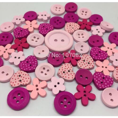100pcs Pink Mix Wood Buttons Round Heart Flower Embellishments Cardmaking Scrapbooking