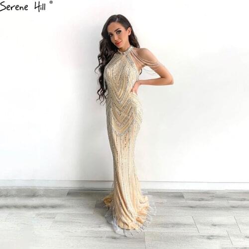 Serene Hill Dubai Silver Sexy Sleeveless Evening Dress 2020 Luxury Halter Beading Sequins Mermaid Formal Party Gown CLA6615