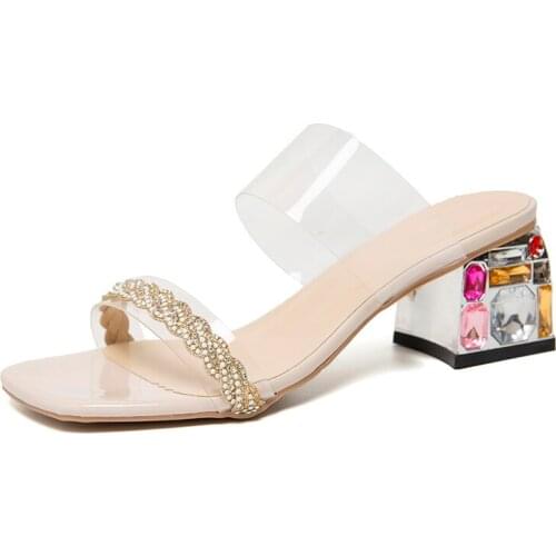 Rhinestone Transparent PVC Leather Women Slides Womens Slippers Fashion Platform Square Heel Shallow Slippers Luxury Sandals