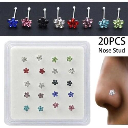 20Pcs/Box Body Nose Piercing Jewelry Nose Rings Nose Studs For Women Colored Crystal Flower Nose Nail Jewelry Wholesale