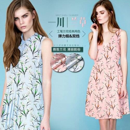 Blue and pink available floral print silk satin silk crepe de chine fabric for dress shirt clothes cheongsam D657
