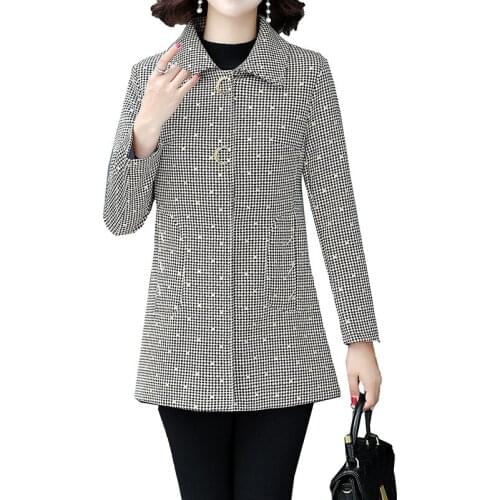 Fashion Plaid Windbreaker Female New Autumn Womens Coat Mid-Length Large Size Middle-Aged Elderly Mothers Spring Trench Coat