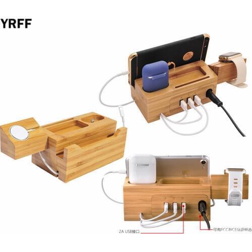 YRFF Multi-Function Mobile Phone Holder For iPhone X 7 8 PLUS USB Charger Storage Universal Wood 2a Fast Charging Dock Stand