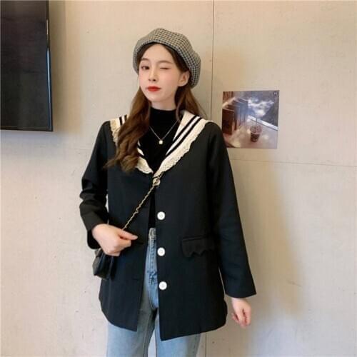 Korean Office Elegant All-Match Black Woman Jacket 2021 Autumn Winter Sailor Collar Preppy Style Cardigan Buttons Lady Coat Tops