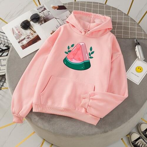 Oversize Women Hoodies with Melon Print Pullover Sweatshirt with Hood Autumn Kawaii Japan Winter Clothes Thick Fleece Sweatshirt