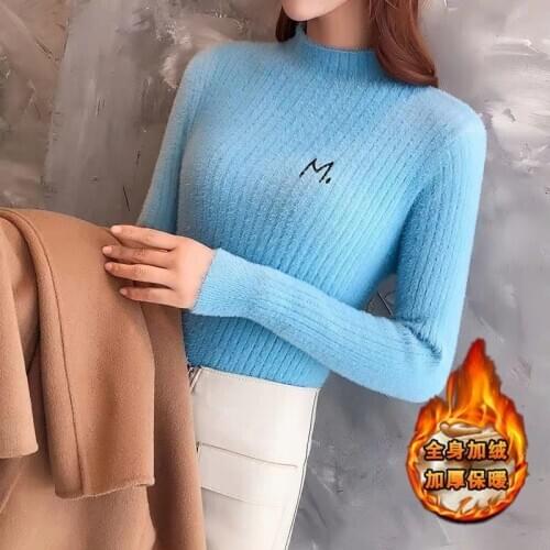 Womens Semi-high Neck Mink Velvet Bottoming Shirt Autumn Korean Slim Slimming Knit Sweater Wild Plus Velvet Sweater