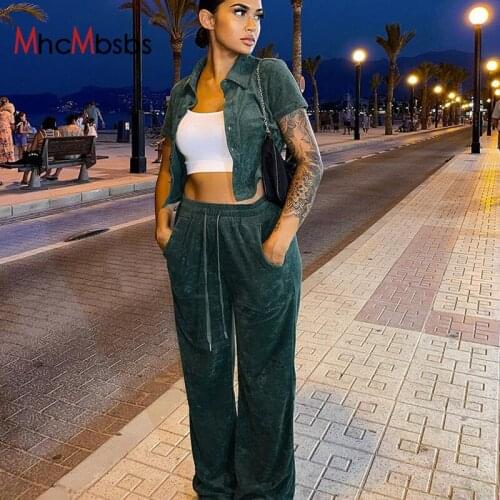 Two Piece Set Women Outfits Sexy Lapel Single Breasted Short Sleeve Blouse+High Waist Drawstring Joggers Pants Autumn Tracksuits