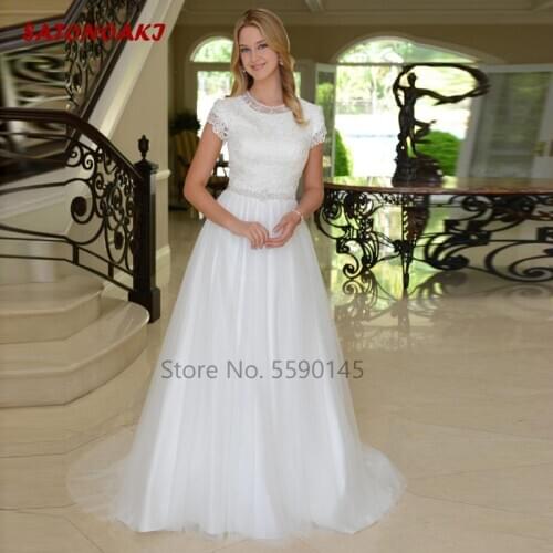 New Arrival Boho Long Wedding Dress Cap Sleeves Buttons Back Lace Top Beaded Belt Tulle Skirt Bridal Gowns Vestido De Novia