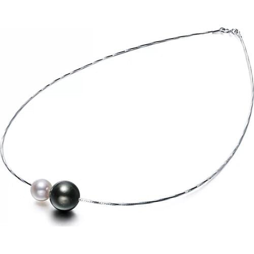ZHIXI Real 925 Silver Seawater Pearl Pendant Necklace Round Tahiti Black/AKOYA White Pearl Women Fine Wedding Jewelry 2020 D500