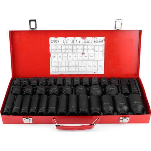 35Pcs Hex Bit Socket Sleeve Sets Metric Deep Impact for 1/2In Drive Ratchet 6 Point Tip Work Tool Automotive Tools