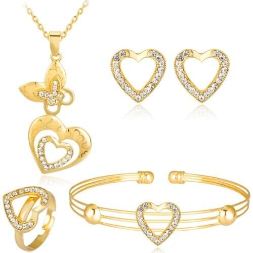 HC Exquisite Heart Shaped Crystal Kids Children Necklace Bracelet Earrings 4 Pcs Jewelry Sets Fashion Girls Gifts Accessories T