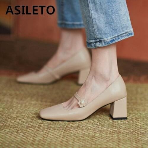 ASILETO New 2021 Women Pumps Square Toe 6.5cm Block Heels Buckle Flower Consice Stylish All-Match Big Size 48 Spring A3480